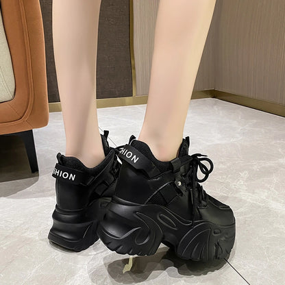 Platform Sneakers Lace-up Chunky Casual Shoes Woman Thick Bottom Mesh White Shoes