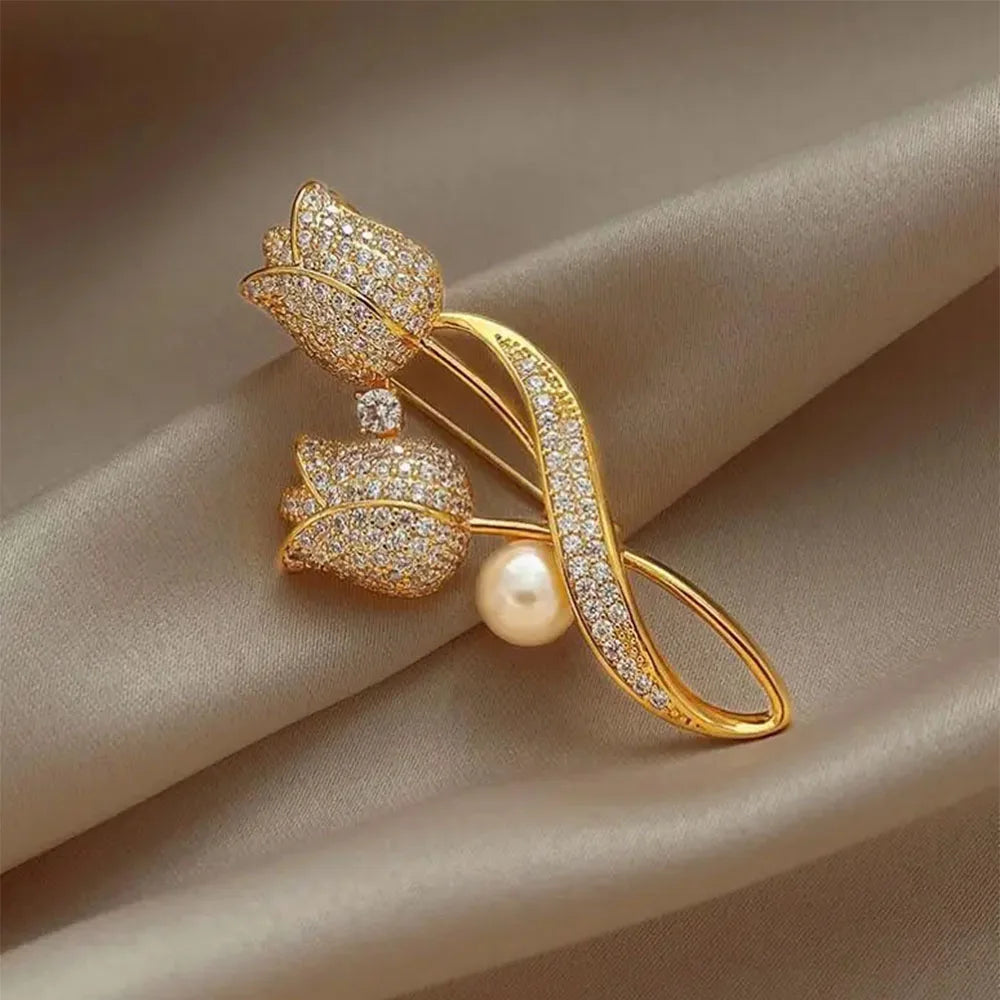 Golden Tulip Flower Imitation Pearl Brooch