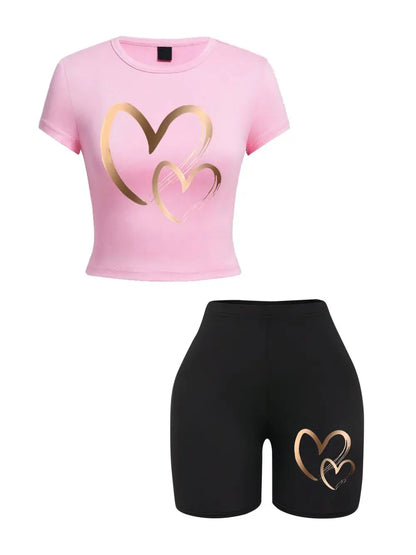 Slim-fit T-Shirts & Shorts 2 Pieces Set Simple Hearts