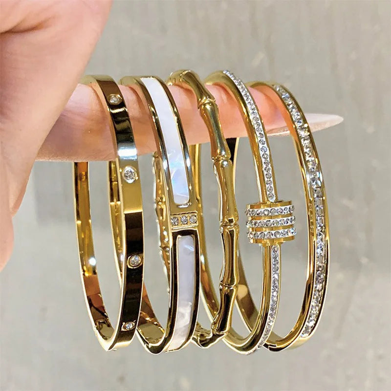 Titanium Steel Gold Silver Color Bangles Waterproof Jewelry Luxury Sparkling Zircon Bracelet Bangle