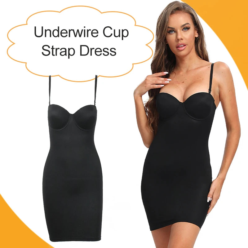 Lycra Full Length Straight Tube Dress Body Shaper with Underwire, Cup Black