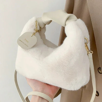 Women Faux Fur Plush Handbags Ruched Handle