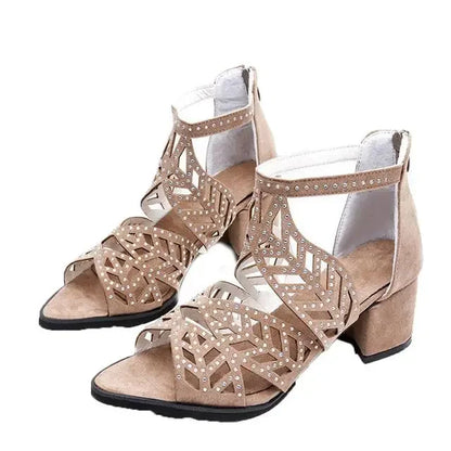 Faux Leather Rhinestones Thick Heel Zipper women shoes