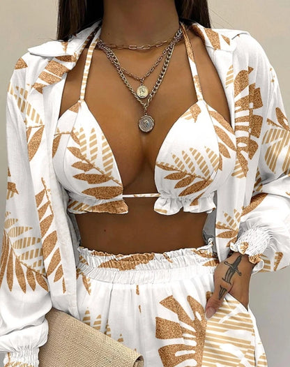 Women's Three Piece Tropical Leaf Print Cropped Top Shorts Set Lantern Sleeve Shirt