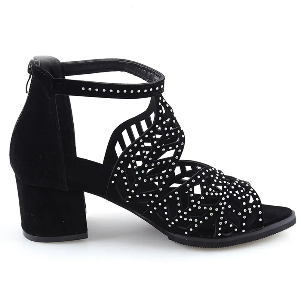 Faux Leather Rhinestones Thick Heel Zipper women shoes