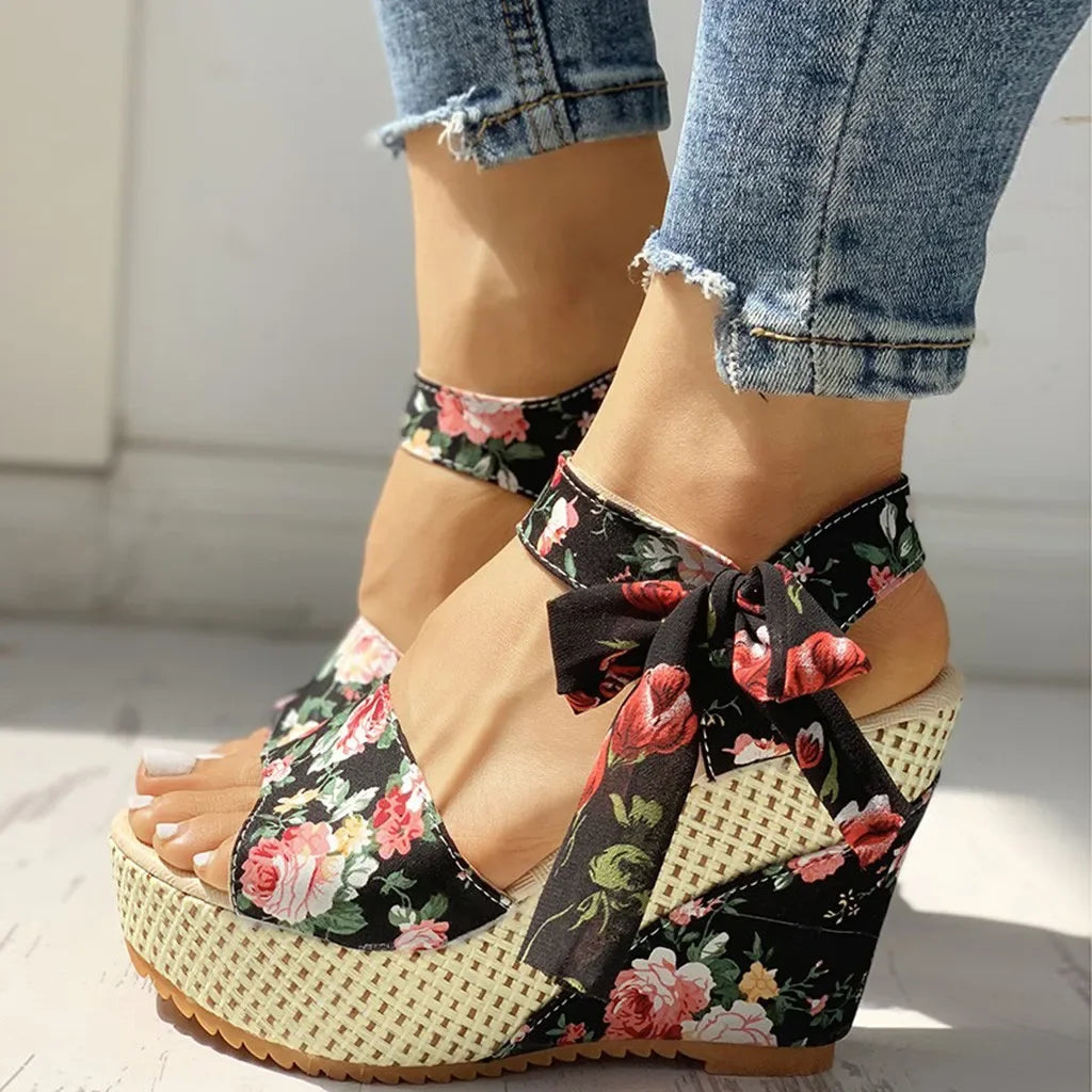 Ladies  Platform Floral Women's Lace-up Comfy Wedges