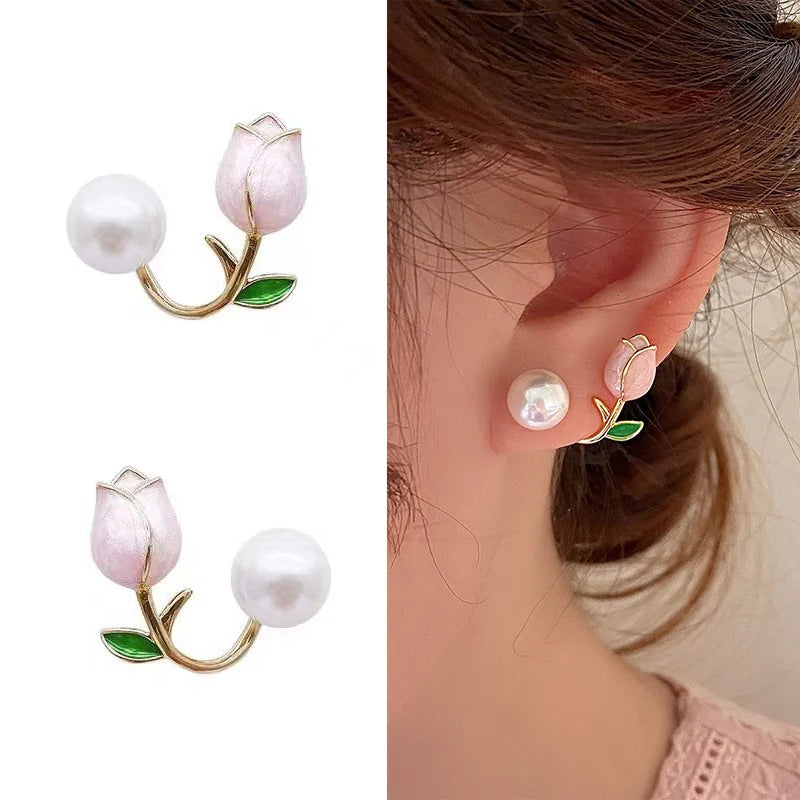 Light  Pink Tulip Flower Pearl Stud Earrings