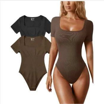 Short Sleeve Ribbed Square Neck Bodysuits One Piece