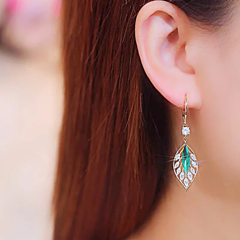 Green Crystal Golden Leaves Earrings Individuality Daily Accessories