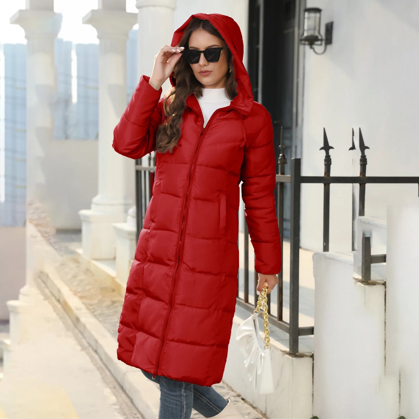 Women's Long Puffer Quilted Winter Coat Long Sleeve Zip Up with Hood Casual