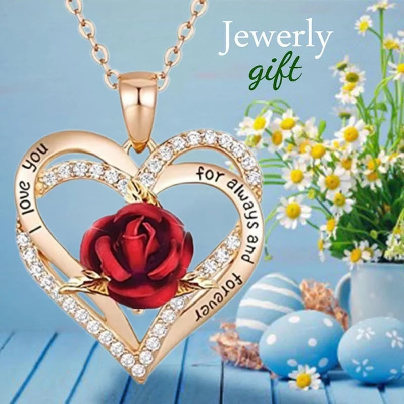 Heart Rose Heart Bow Pendant Necklace