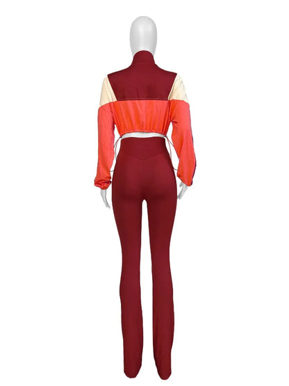 Casual 2 Piece Set Color Patchwork Long Sleeve Zip-up Jackets Crop Top + High Waist Flare Pants