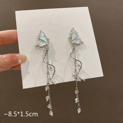 Romantic Long Tassel Delicate White Butterfly Crystal Dangle Earrings