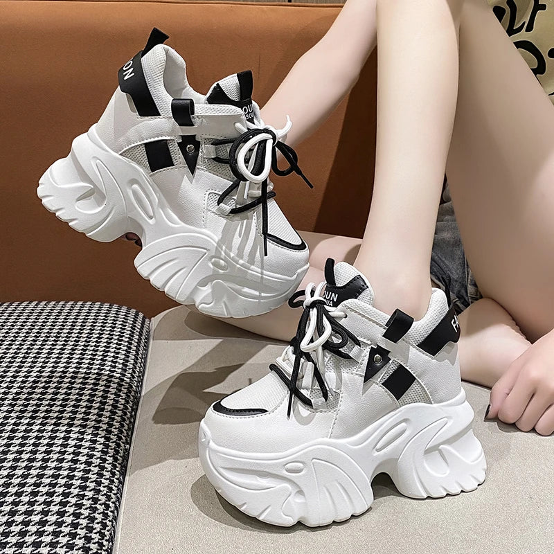 Platform Sneakers Lace-up Chunky Casual Shoes Woman Thick Bottom Mesh White Shoes