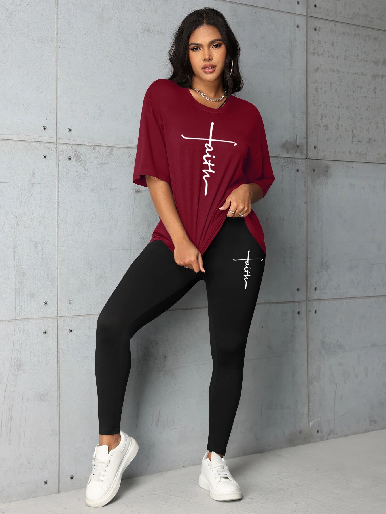 Women's loose large size T-shirt leggings two-piece set Short sleeves and long pants