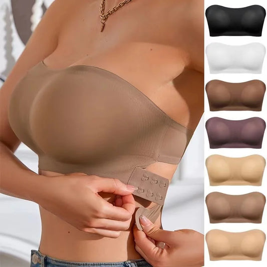 Bra with side clasps, strapless nylon knit fabric - removable padding, crisscross strap details