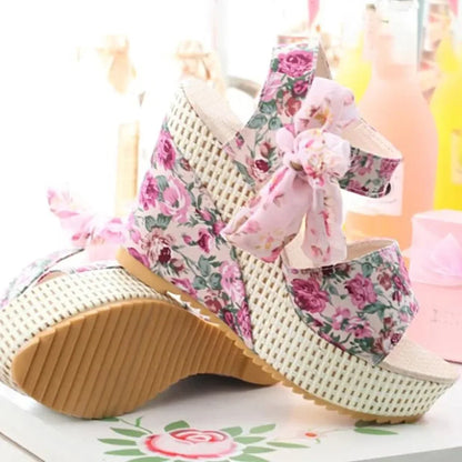 Ladies  Platform Floral Women's Lace-up Comfy Wedges