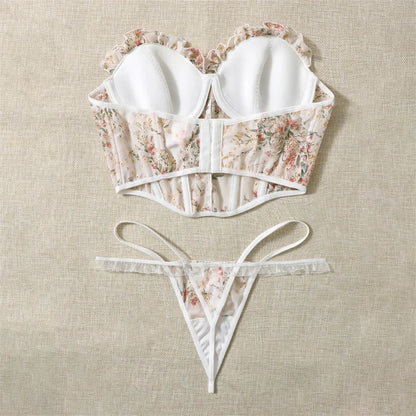 Floral Corset Lingerie Women's Underwear Straplesse Set