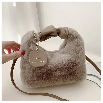 Women Faux Fur Plush Handbags Ruched Handle