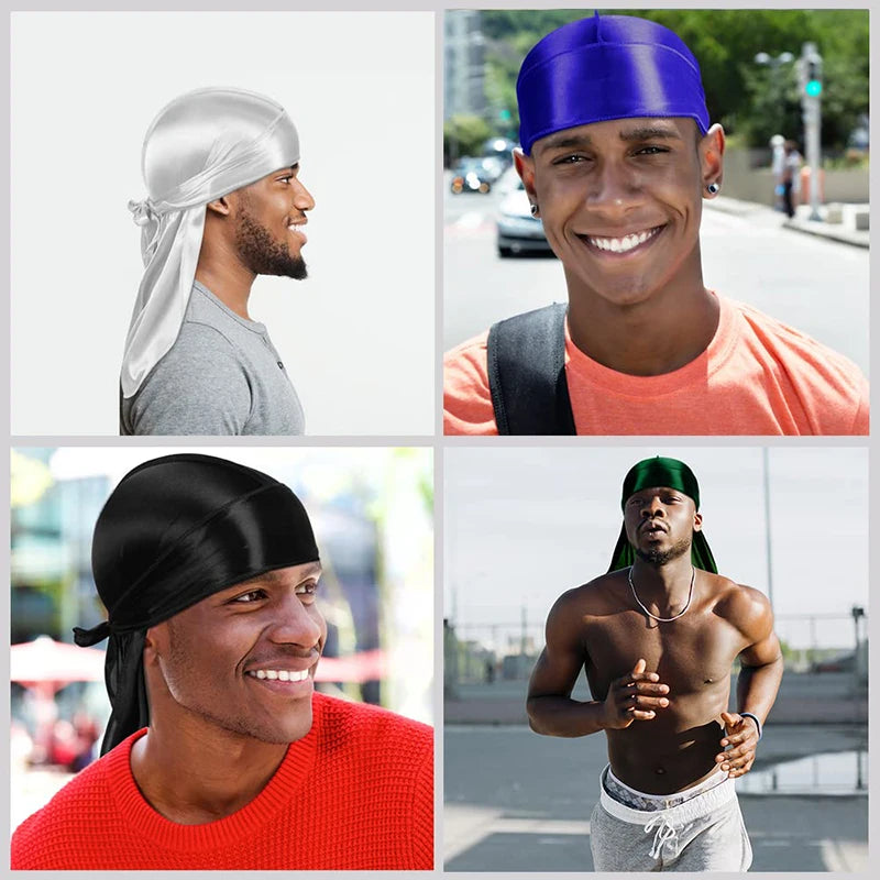 Men Silky Durag Long Tail Pirate Hat Headband Turban Bonnet