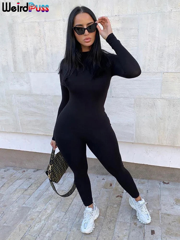 Skinny Casual Jumpsuit Women O-Neck Full Sleeve Elastic Hight Zipper Sportswear Casual Rompers Streetwear Outfits