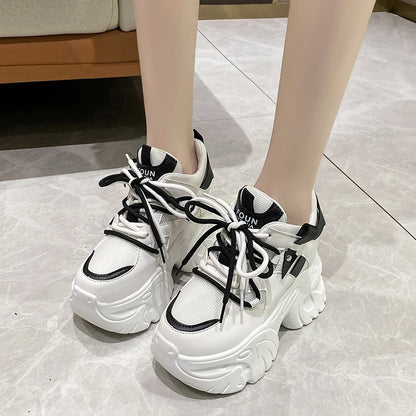 Platform Sneakers Lace-up Chunky Casual Shoes Woman Thick Bottom Mesh White Shoes