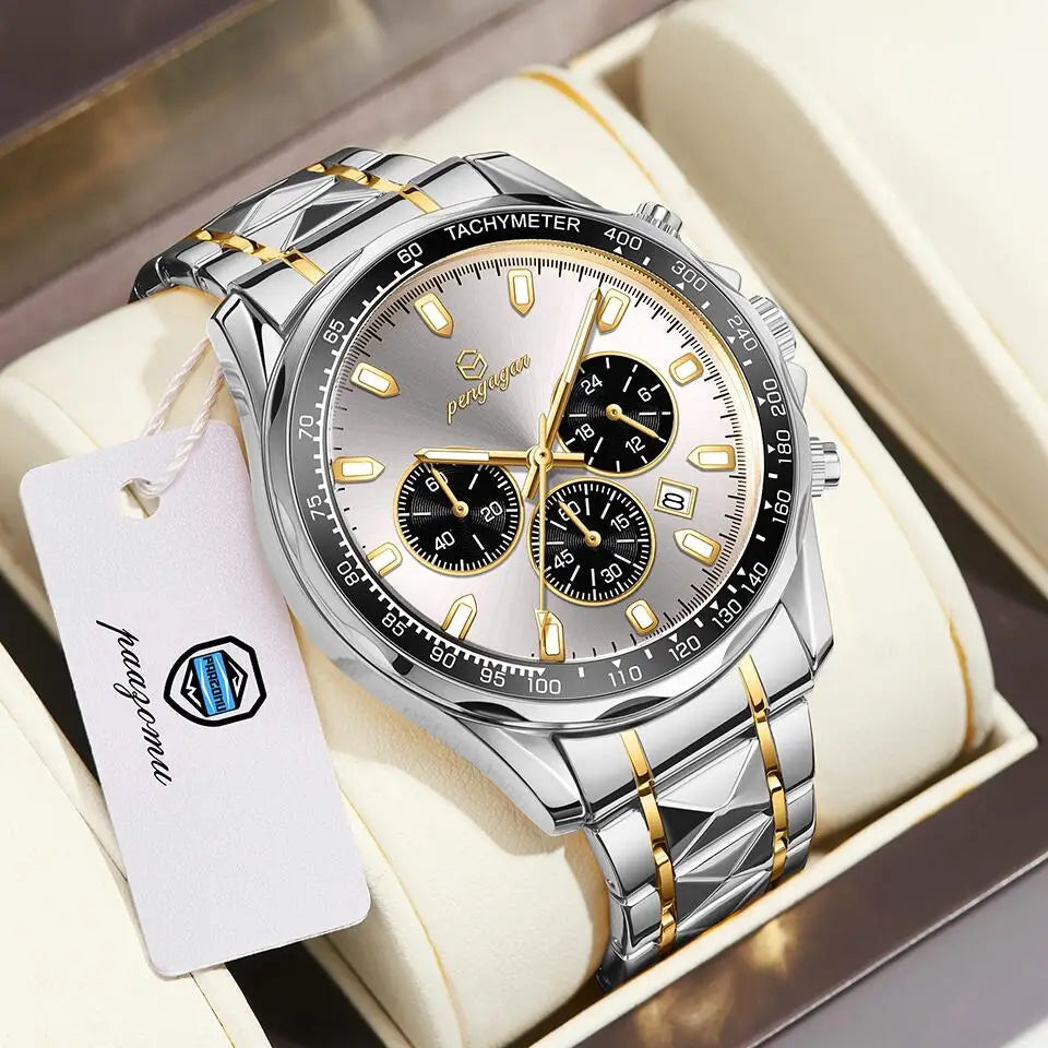 Classic Multifunctional Chronograph Quartz Wristwatch Sports Stainless Steel Waterproof