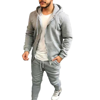 Solid Color Fashion Casual Suit Hooded Cardigant and Trousers Menswear Set