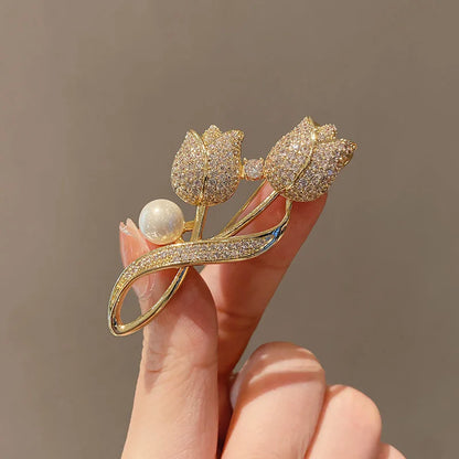 Golden Tulip Flower Imitation Pearl Brooch