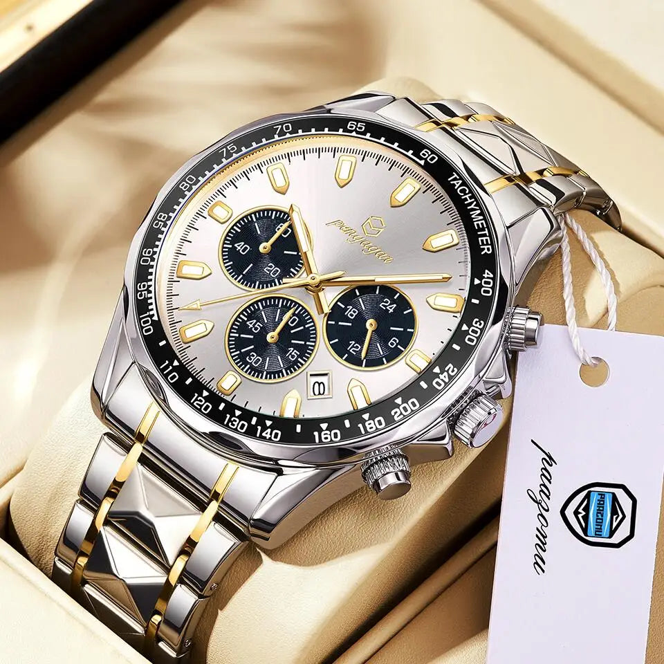 Classic Multifunctional Chronograph Quartz Wristwatch Sports Stainless Steel Waterproof