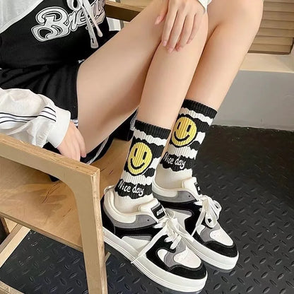 5 Pairs of Black and White Smiley Face Mid-calf Socks