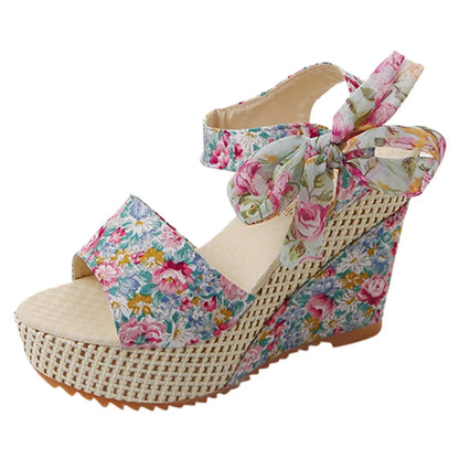 Ladies  Platform Floral Women's Lace-up Comfy Wedges