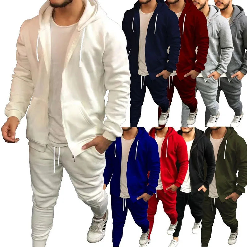 Solid Color Fashion Casual Suit Hooded Cardigant and Trousers Menswear Set