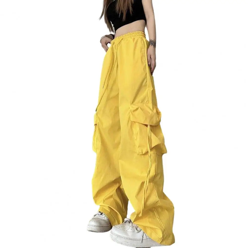 Vintage-inspired Women's High Waist Cargo Pants with Drawstring Multiple Pockets