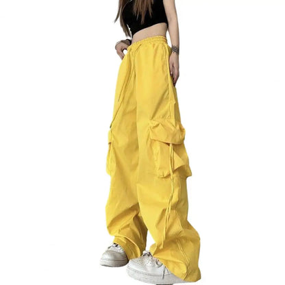 Vintage-inspired Women's High Waist Cargo Pants with Drawstring Multiple Pockets