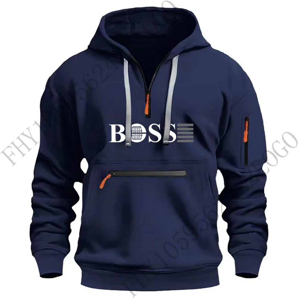 Men's digital printed leisure sports multi-zipper hooded long-sleeved hoodie pullover