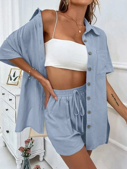 Single breasted Top Broad legged Shorts Set