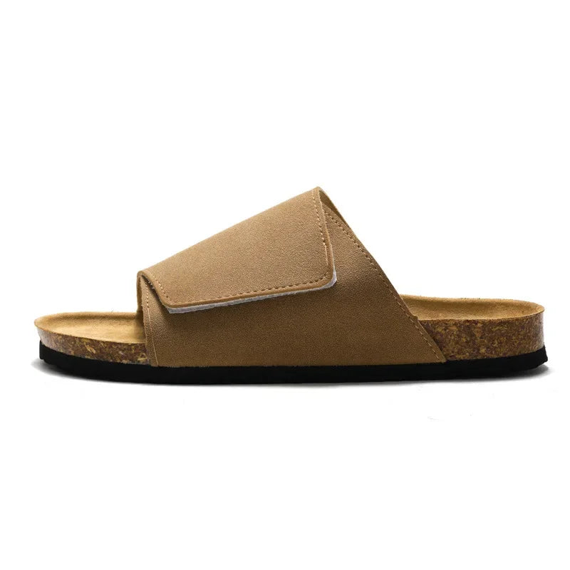 Suede Leather Cork Slippers for Men Classic Flat Shoes Summer Men Outside Beach Sandals Man Roman Comfortable Slides