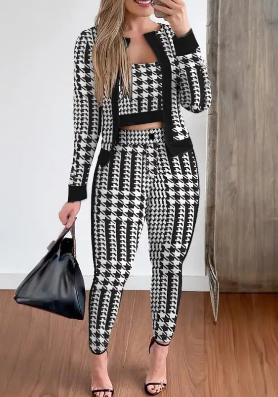 3 Piece Set Plaid Print Crop Top & Pants Set With Coat Fashion Casual Elegant Set