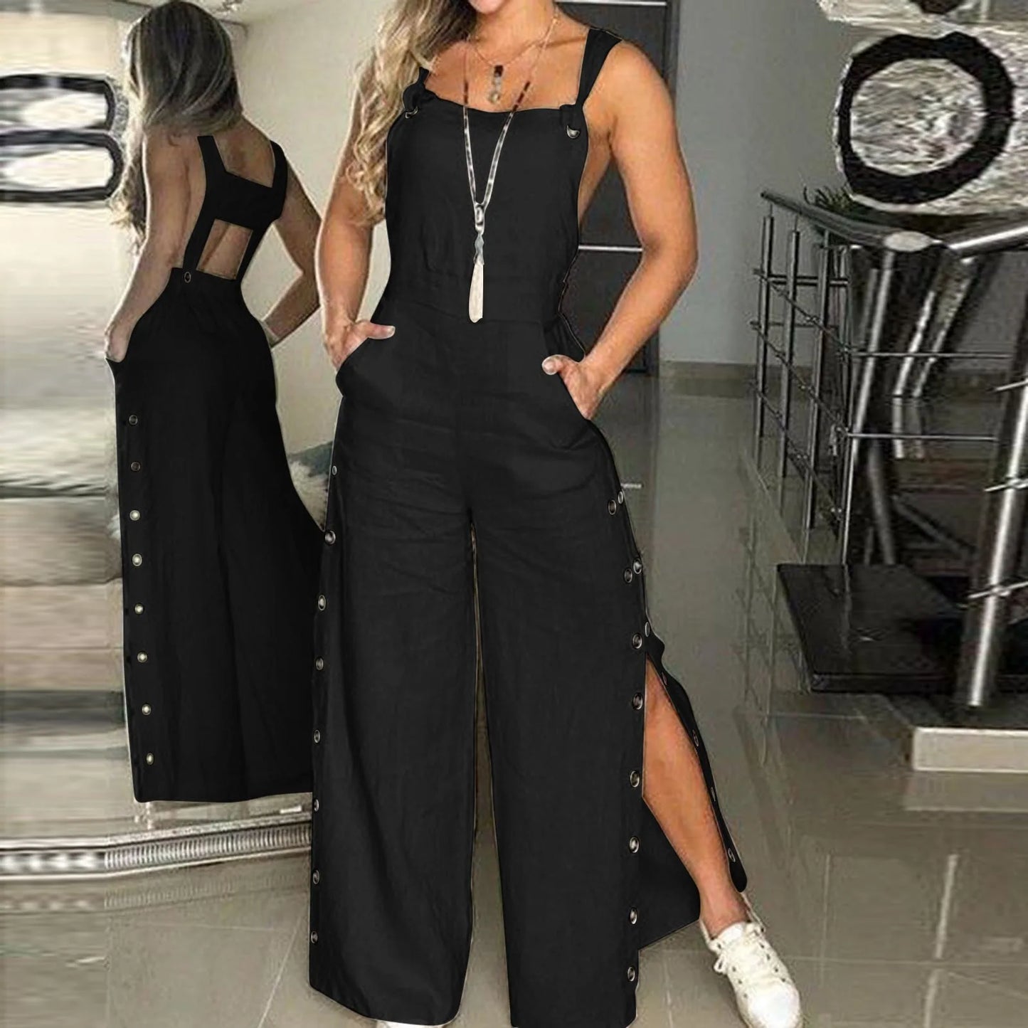 Women's Jumpsuit Sleeveless Twisted Knot Cotton Linen Strappy Playsuit Side Button Opening Loose Long Pants Romper