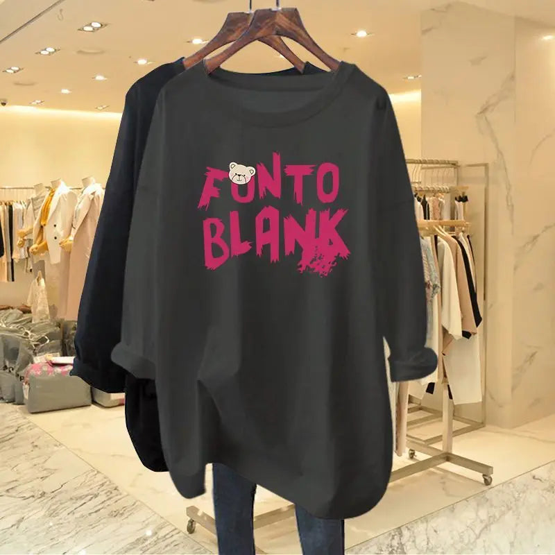 Chic Hand-Painted Print T-shirt Casual Loose Pure Cotton Basic Top O-neck Long Sleeve Tees