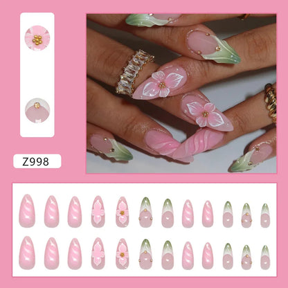 Caramel Flower 24 Pcs Press on Nails Pink Gradient  Glossy Artificial  Reusable Nails