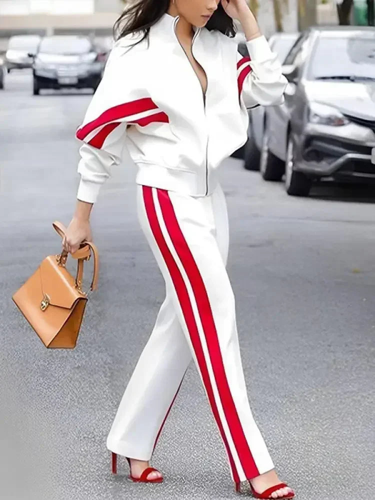 Casual Suit Zippered High Neck Jackets and High Waist Pants Side-striped Sets