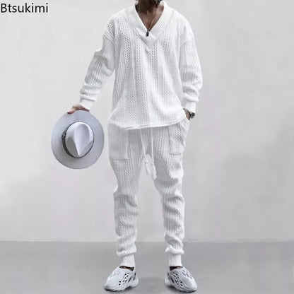 Men's Knitted Suit Sets Long Sleeve V-neck Shirts and Drawstring Pants Sets