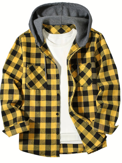 Men's Loose Plaid Hooded Shirt Fashion Casual Long sleeved Shirt