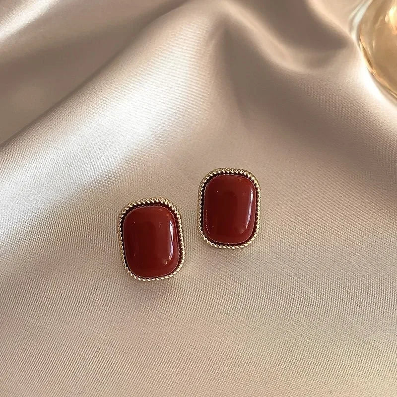 Silver Needle Wine Red Retro Pierced High Sense Pearl Earrings