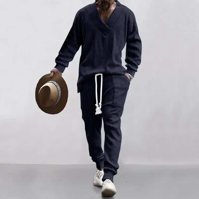 Men's Knitted Suit Sets Long Sleeve V-neck Shirts and Drawstring Pants Sets