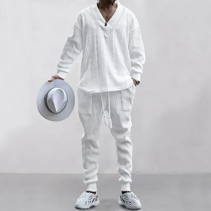 Men's Knitted Suit Sets Long Sleeve V-neck Shirts and Drawstring Pants Sets