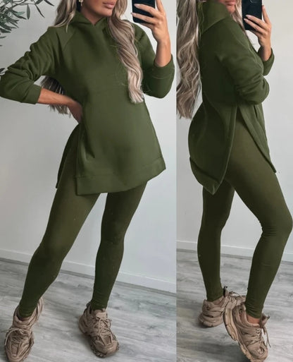 Two Piece Side Seam Split Pocket Design Long Sleeve Loose Hoodie High Waist Tight Pants Set