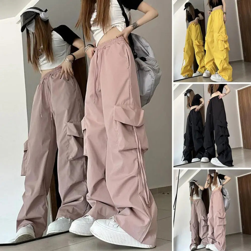 Vintage-inspired Women's High Waist Cargo Pants with Drawstring Multiple Pockets